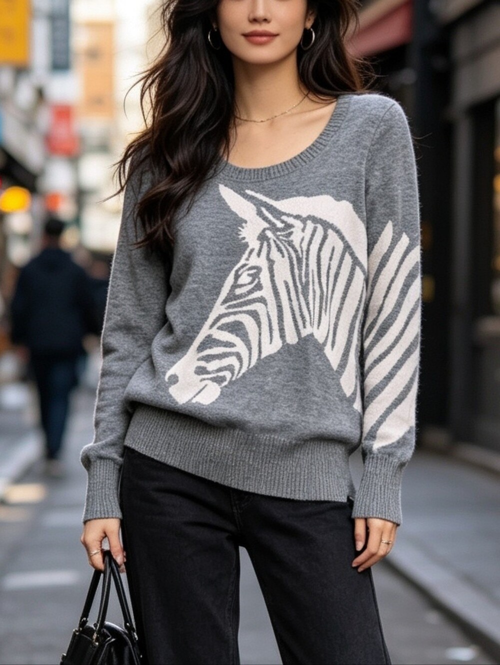 Elena Solano 100% Cashmere Gray Zebra Graphic Sweater XS Crew Neck Soft Knit